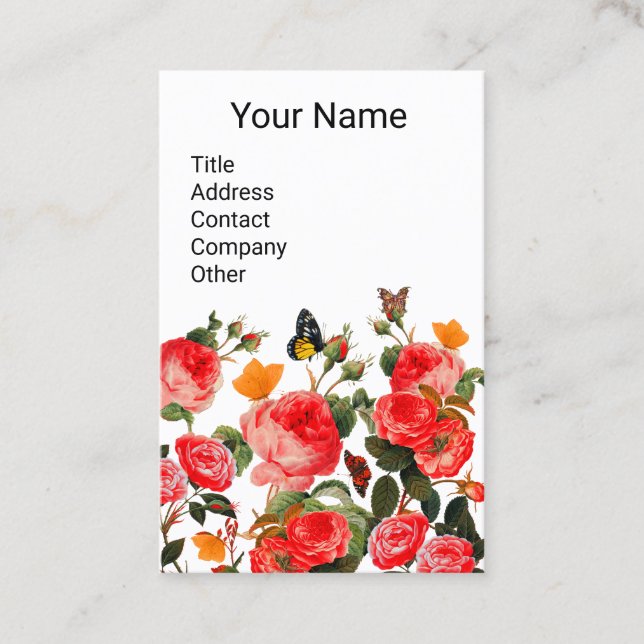 RED ROSES AND YELLOW BUTTERFLIES White Floral Business Card (Front)