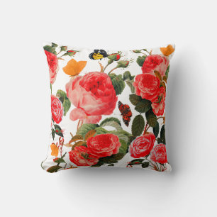 RED ROSES AND YELLOW BUTTERFLIES White Floral Cushion