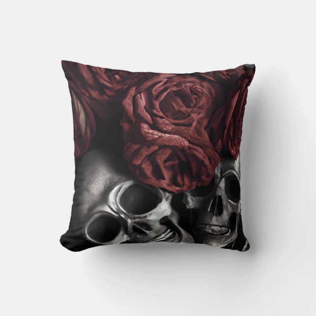 Red Roses Around Skulls Gothic  Cushion (Front)