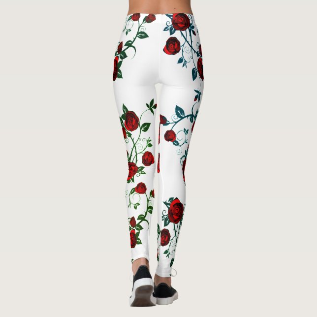 Red roses at white, floral vector pattern v2 leggings (Back)