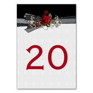 Red Roses Baby's Breath Black Ribbons Table Cards