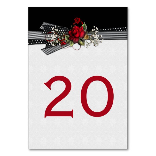 Red Roses Baby's Breath Black Ribbons Table Cards (Front)