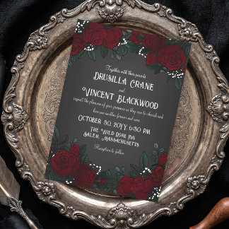 Red Roses Baby's Breath Dark Romance Wedding Invitation