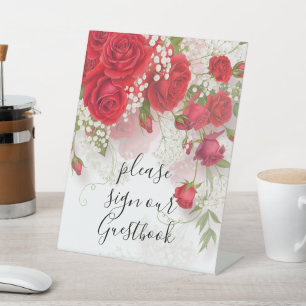 Red Roses & Babys Breath Elegant Floral Wedding Pedestal Sign