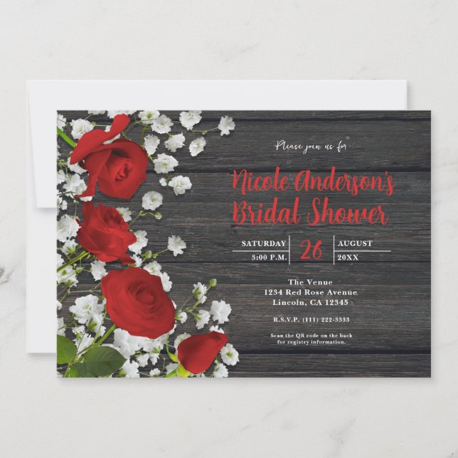 Red Roses & Baby's Breath on Wood Bridal Shower Invitation (Front)