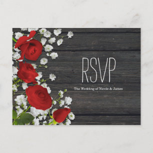 Red Roses & Baby's Breath on Wood RSVP Invitation Postcard