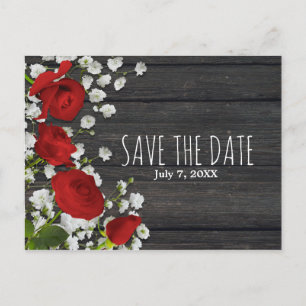 Red Roses & Baby's Breath on Wood Save The Date Announcement Postcard