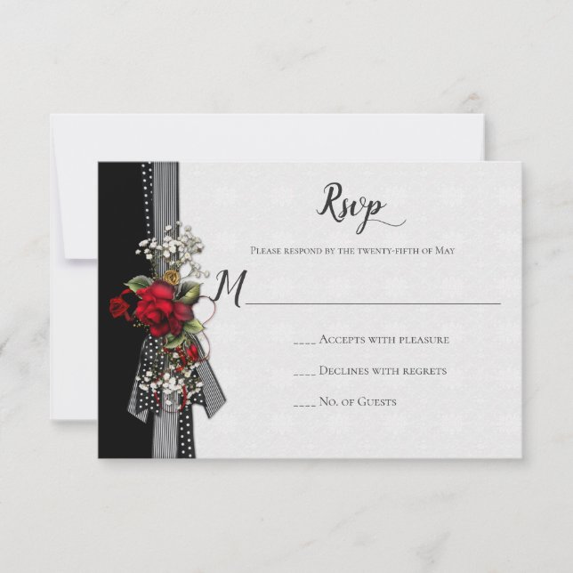 Red Roses Baby's Breath Ribbons Calligraphy RSVP Card (Front)