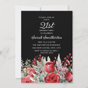 Red Roses Black 21st Birthday Invitation