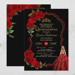 Red Roses Black and Gold Elegant Dress Quinceanera Invitation