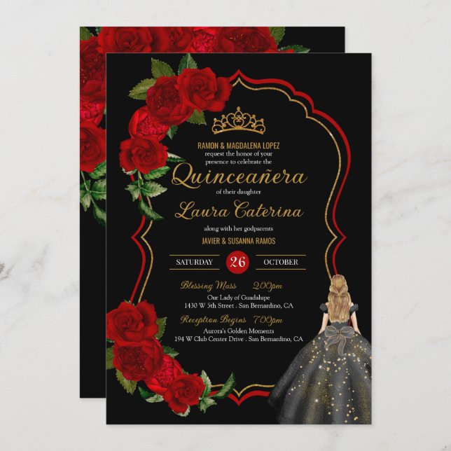 Red Roses Black and Gold Elegant Dress Quinceanera Invitation (Front/Back)