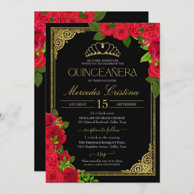 Red Roses Black and Gold Elegant Quinceañera Invit Invitation (Front/Back)
