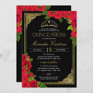 Red Roses Black and Gold Elegant Quinceañera Invit Invitation