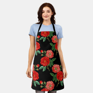 Red roses, black background, apron