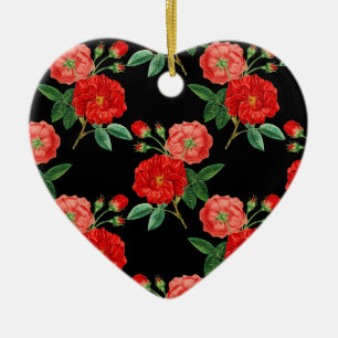 Red Roses, Black Background, Ceramic Ornament