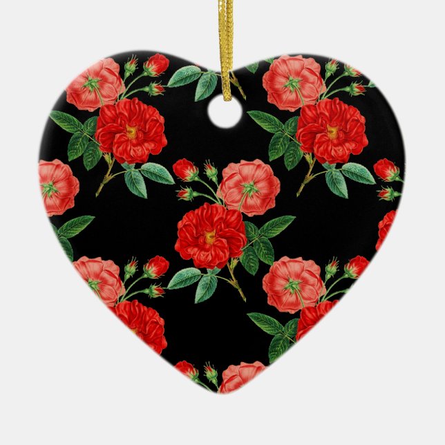 Red Roses, Black Background, Ceramic Ornament (Front)