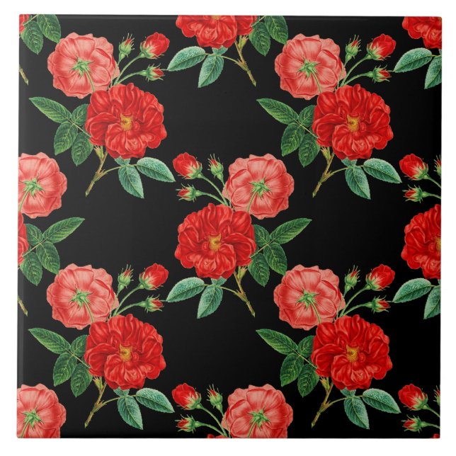 Red Roses, Black Background, Ceramic Tile (Front)