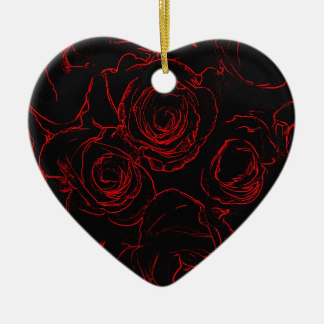 Red Roses Black Background Ceramic Tree Decoration (Front)
