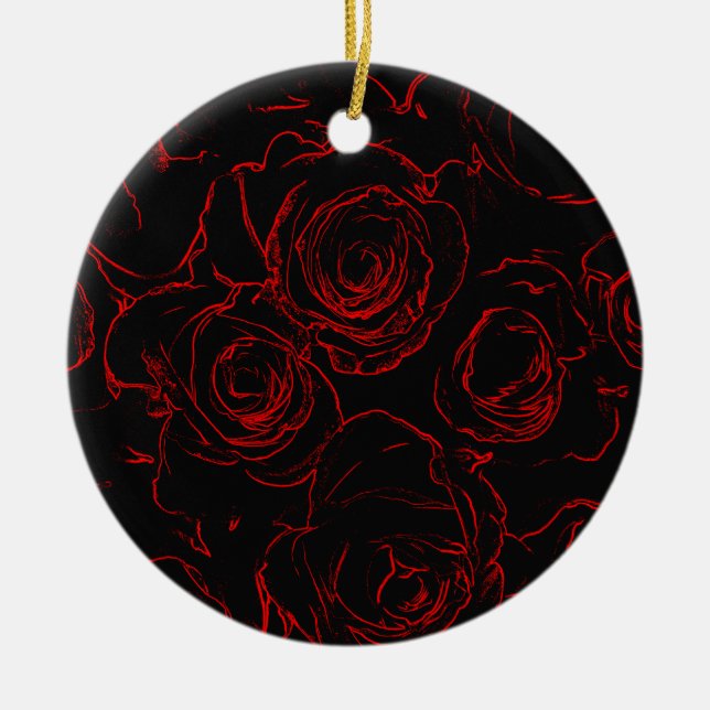 Red Roses Black Background Ceramic Tree Decoration (Front)