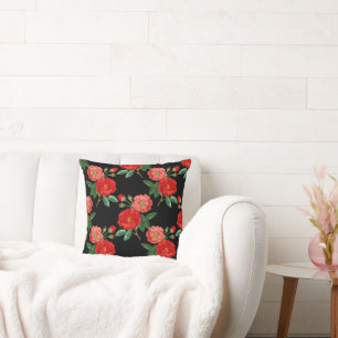 Red Roses, Black Background, Cushion