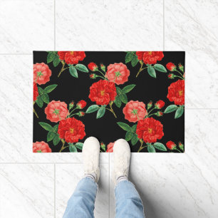 Red Roses, Black Background, Doormat