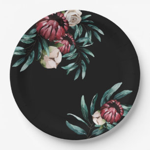 Red Roses Black Background Elegant Script Paper Plate