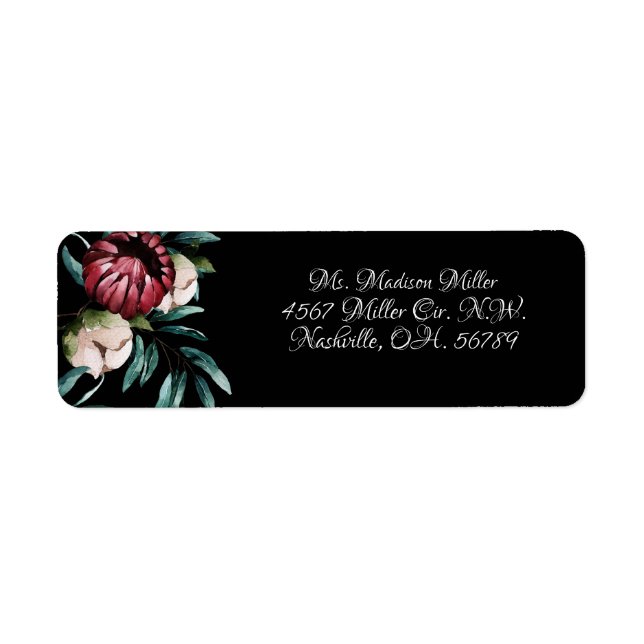 Red Roses Black Background Elegant Script Return Address Label (Front)