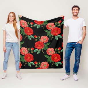 Red Roses, Black Background, Fleece Blanket