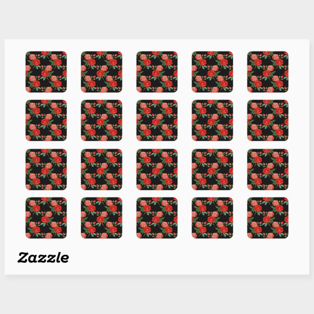 Red Roses, Black Background, Square Sticker (Sheet)