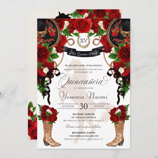 Red Roses Black Charro Western Elegant Quinceanera Invitation (Front/Back)
