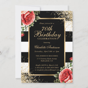 Red Roses Black Gold Confetti 70th Birthday Invitation