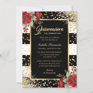 Red Roses Black Gold Confetti Floral Quinceañera Invitation
