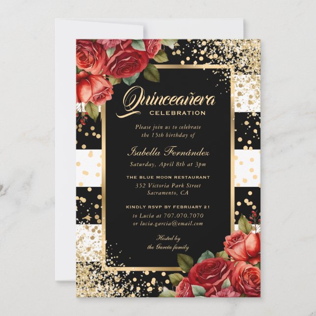Red Roses Black Gold Elegant Floral Quinceañera Invitation (Front)