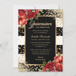 Red Roses Black Gold Elegant Floral Quinceañera Invitation
