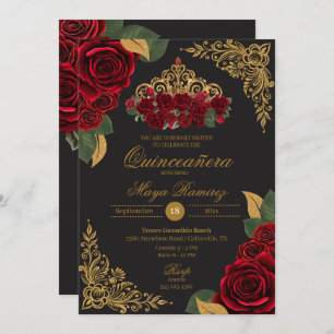 Red Roses Black Gold Glitter Tiara Quinceañera  Invitation