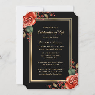 Red Roses Black Gold Photo Celebration of Life Invitation