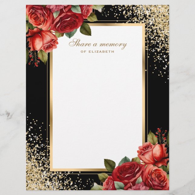 Red Roses Black Gold Photo Custom Letterhead (Front)