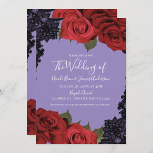 Red Roses & Black Lace Purple Chic Wedding    Invitation
