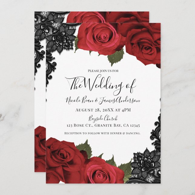 Red Roses & Black Lace White Chic Wedding  Invitation (Front/Back)