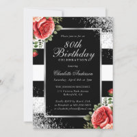 Red Roses Black Silver Confetti 80th Birthday
