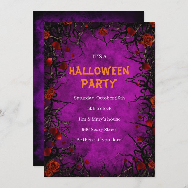 Red Roses Black Vines Purple Parchment Halloween  Invitation (Front/Back)