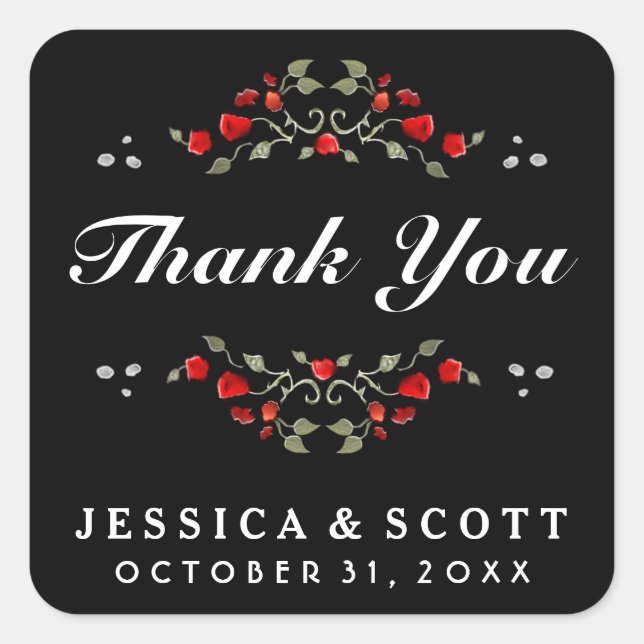 Red Roses Black & White Matching Wedding Thank You Square Sticker (Front)