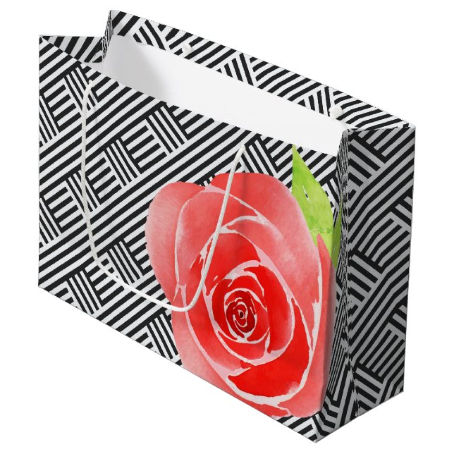 Red Roses Black White Stripes Large Gift Bag (Front Angled)