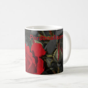 red roses bloom scroll on dark grey,personalise coffee mug