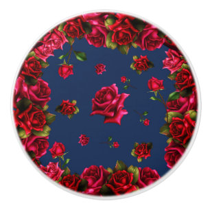 Red Roses Blue Floral Shabby Chic Glam Country Ceramic Knob