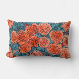 Red Roses, Blue Leaves Rose Garden Summer Flowers Lumbar Cushion