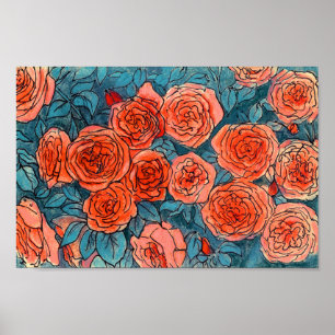 Red Roses, Blue Leaves Rose Garden Summer Flowers Poster