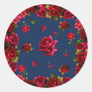 Red Roses Blue Shabby Chic Wedding Party Favour Classic Round Sticker