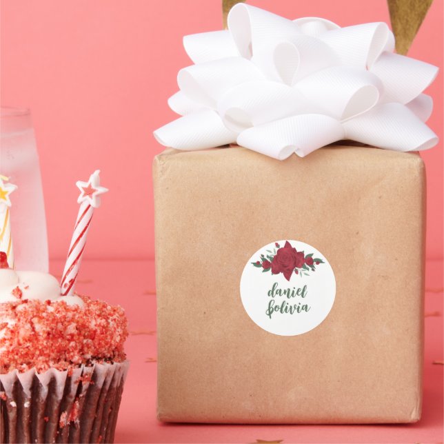 Red Roses Boho Wedding Classic Round Sticker (Party)