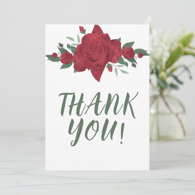 Red Roses Boho Wedding Thank You Card (Standing Front)